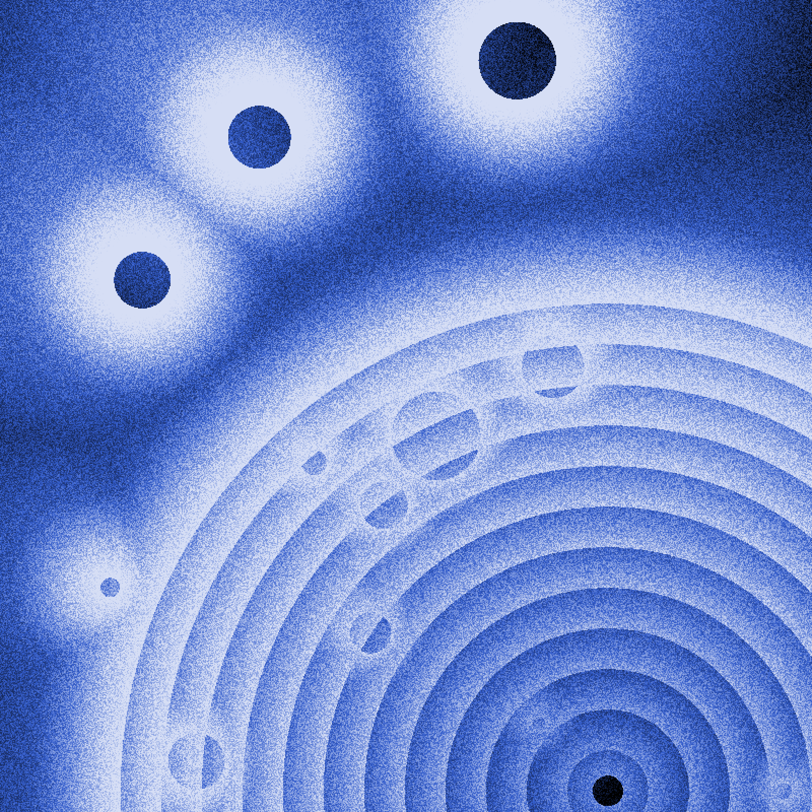 An array of concentric circles with a number of smaller circles spotted around atop a noisy background